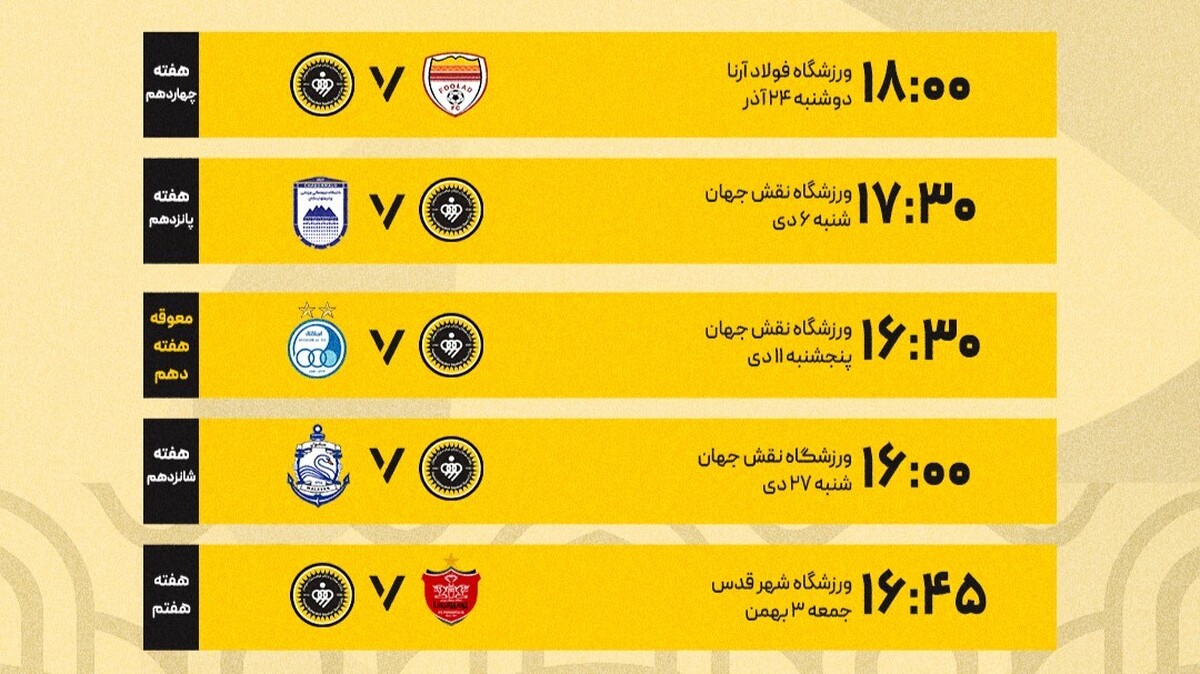 برنامه بازی‌های سپاهان در هفته‌های چهاردهم تا هفدهم لیگ برتر فوتبال